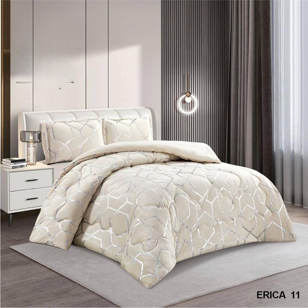 Luxury Four pcs Velvet Complete Bedding Set Duvet Cover Fitted Sheet & Pillowcases Silver Stripes Geometric Design