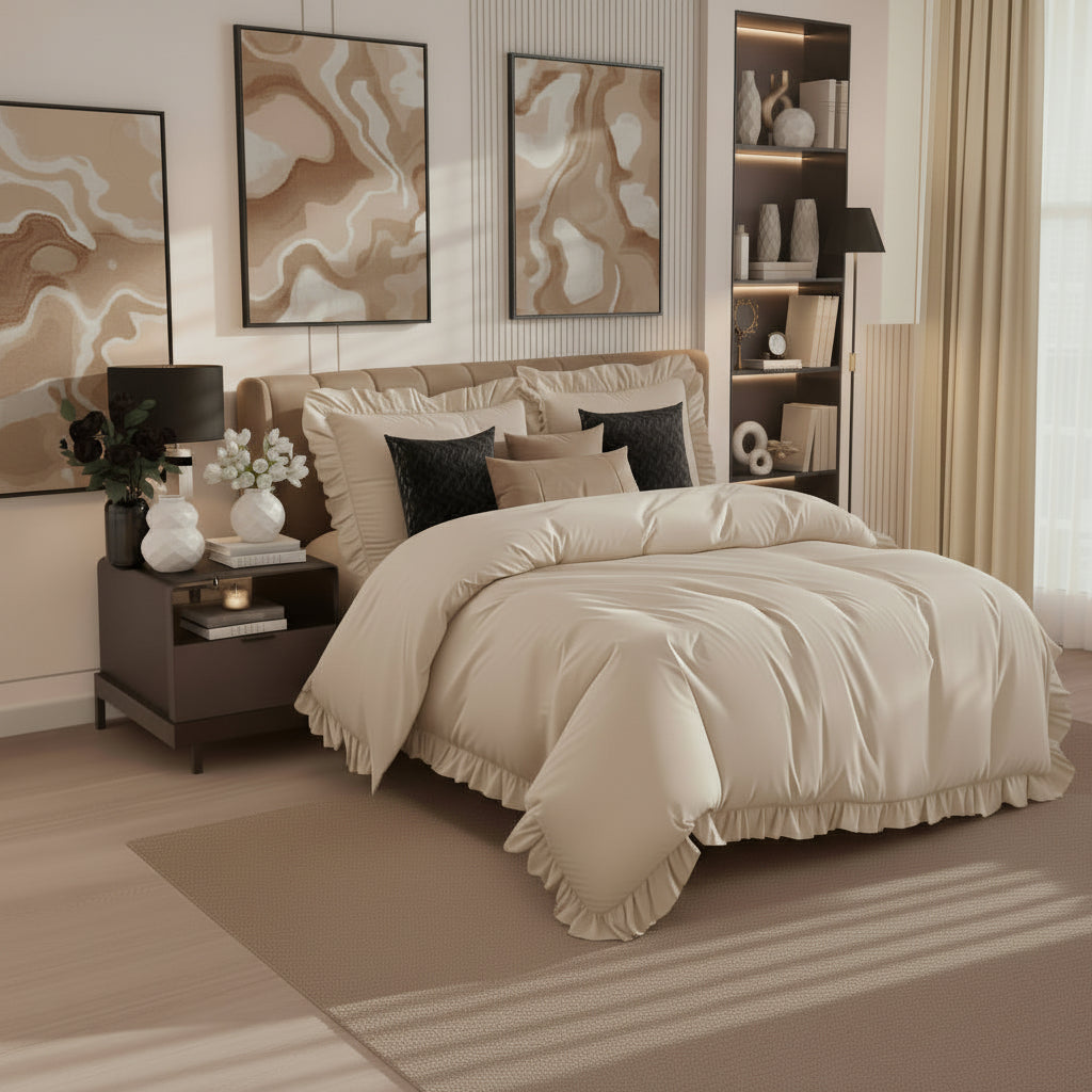 Neatly made bed with Cream bedding in a stylish bedroom.
