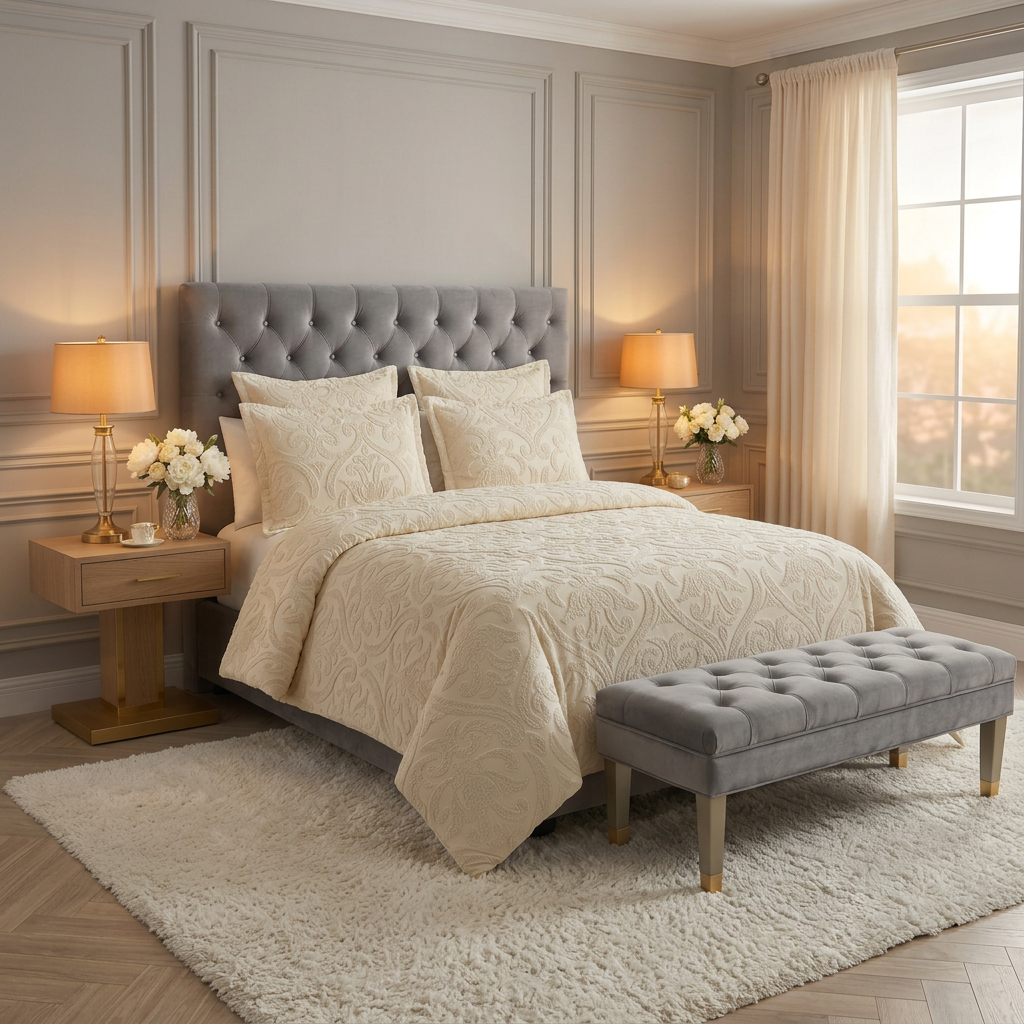Embroidered Bedding Set - Quilt Cover and Fitted Sheet (4 Piece)