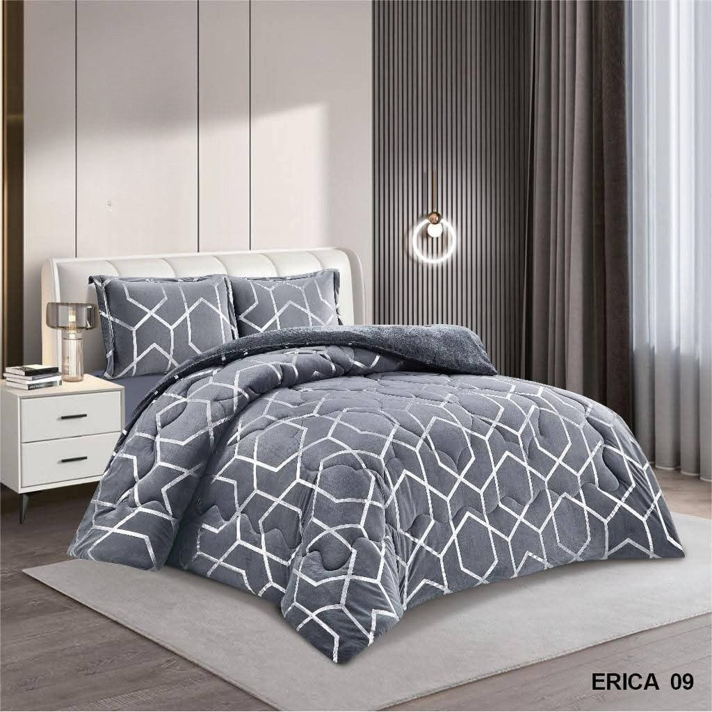 Luxury Four pcs Velvet Complete Bedding Set Duvet Cover Fitted Sheet & Pillowcases Silver Stripes Geometric Design