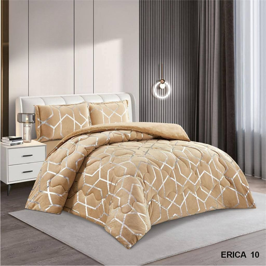 Luxury Four pcs Velvet Complete Bedding Set Duvet Cover Fitted Sheet & Pillowcases Silver Stripes Geometric Design