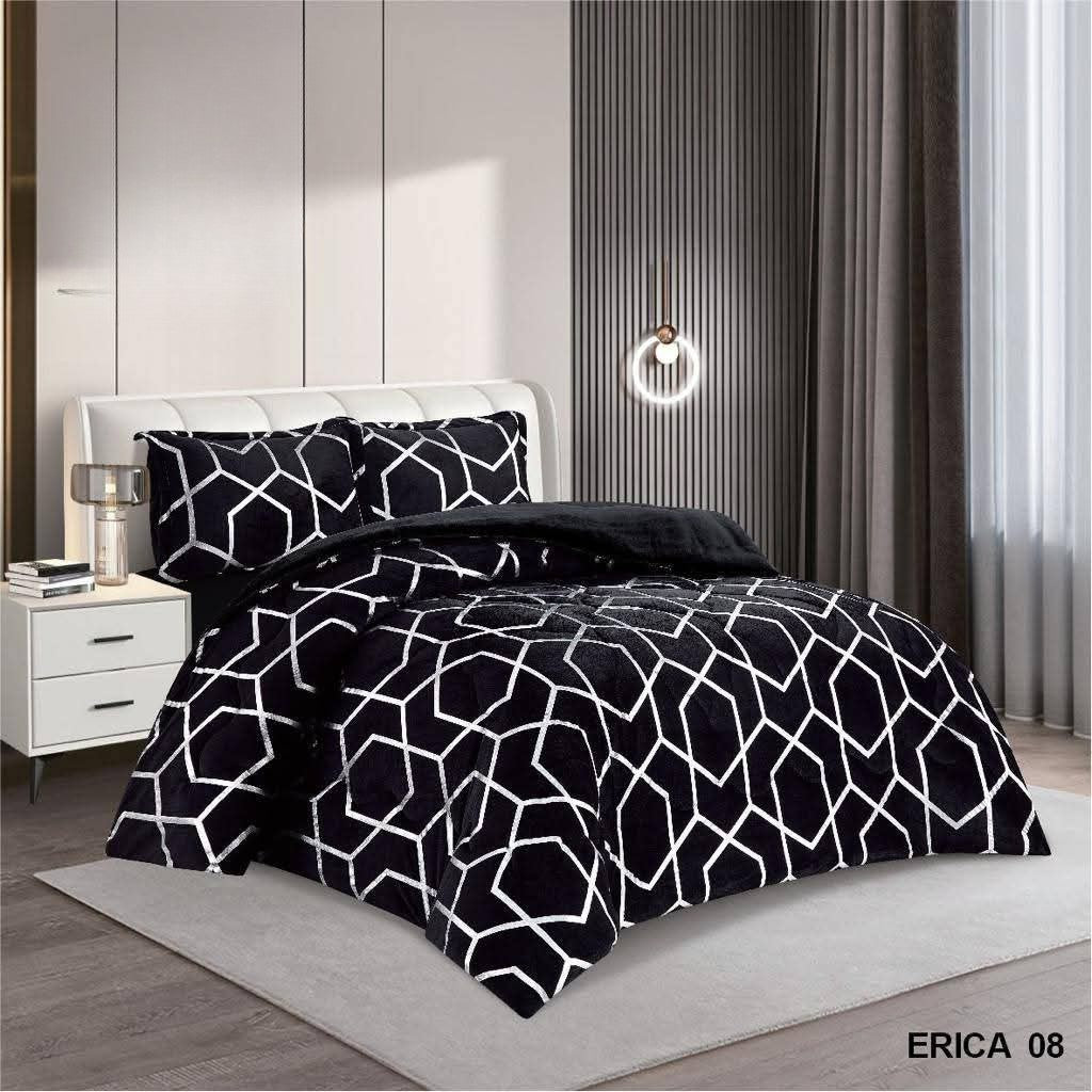 Luxury Four pcs Velvet Complete Bedding Set Duvet Cover Fitted Sheet & Pillowcases Silver Stripes Geometric Design