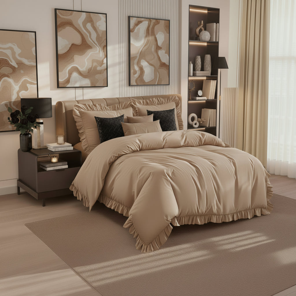 Neatly made bed with beige bedding in a stylish bedroom setting.
