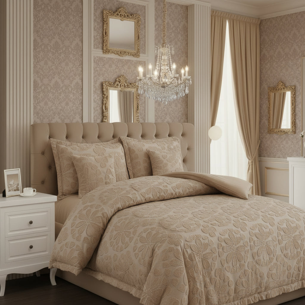 Beigh bedroom with Beigh bedding, ornate mirrors, and a chandelier.