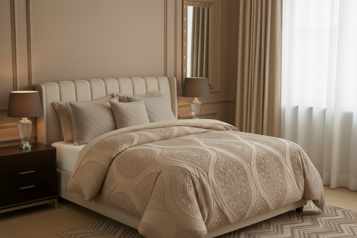 Neatly made bed with beige patterned comforter in a bedroom setting.