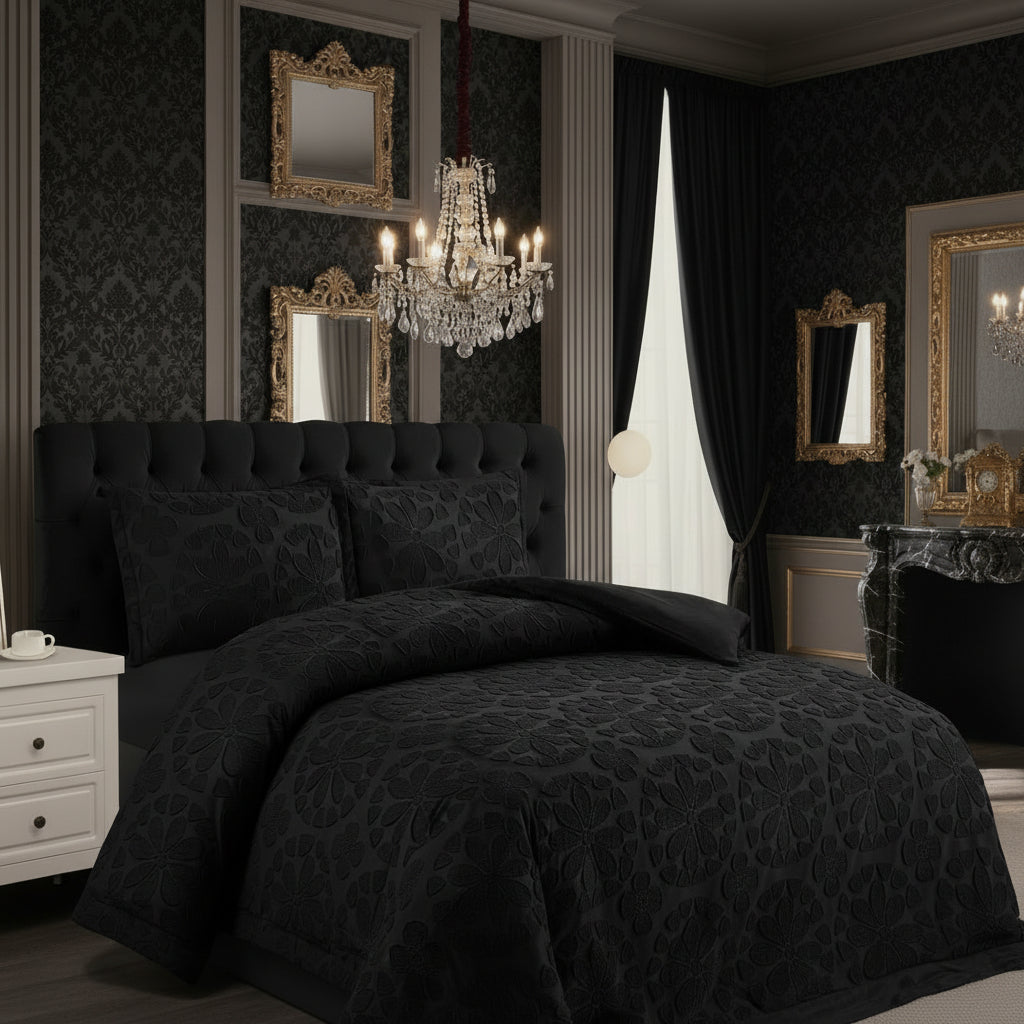 Dark-themed bedroom with black bedding, ornate mirrors, and a chandelier.
