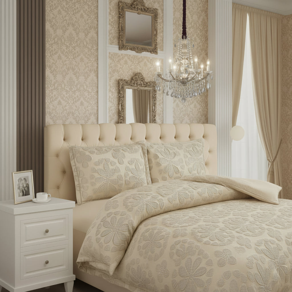 Cream bedroom with patterned bedding, nightstand, and mirrors.