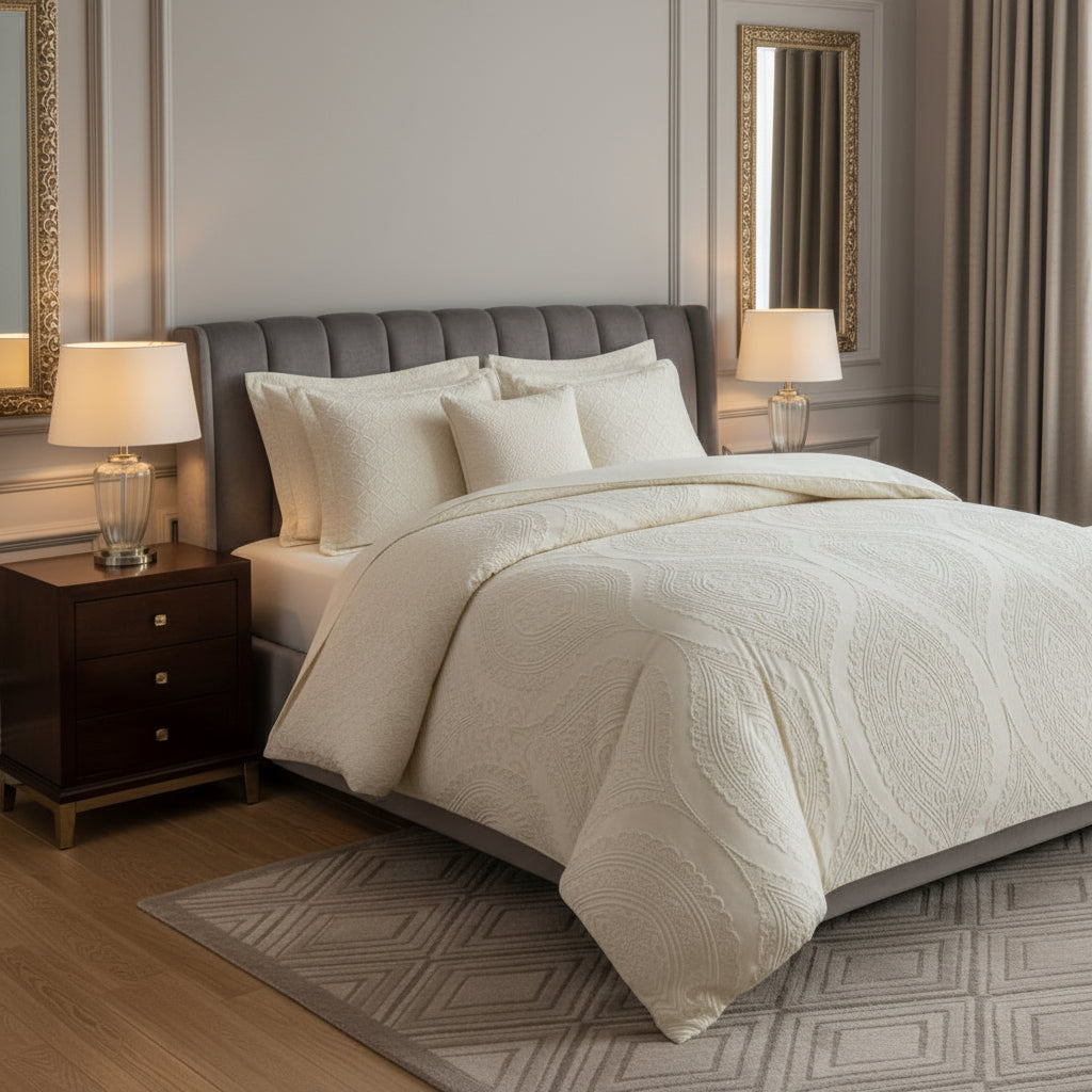 Neatly made bed with beige bedding in a stylish bedroom setting.