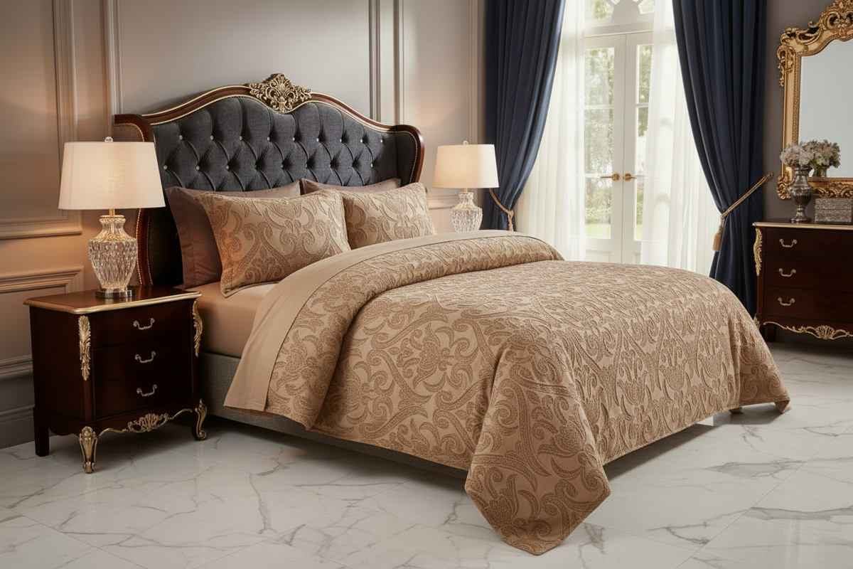 An elegant bedroom scene featuring a bed dressed in a luxurious beige and brown damask-patterned comforter and matching shams, set against a dark tufted headboard. The room is styled with matching dark wood nightstands, lit table lamps, deep blue curtains, and a large ornate gold-framed mirror on a white marble floor.