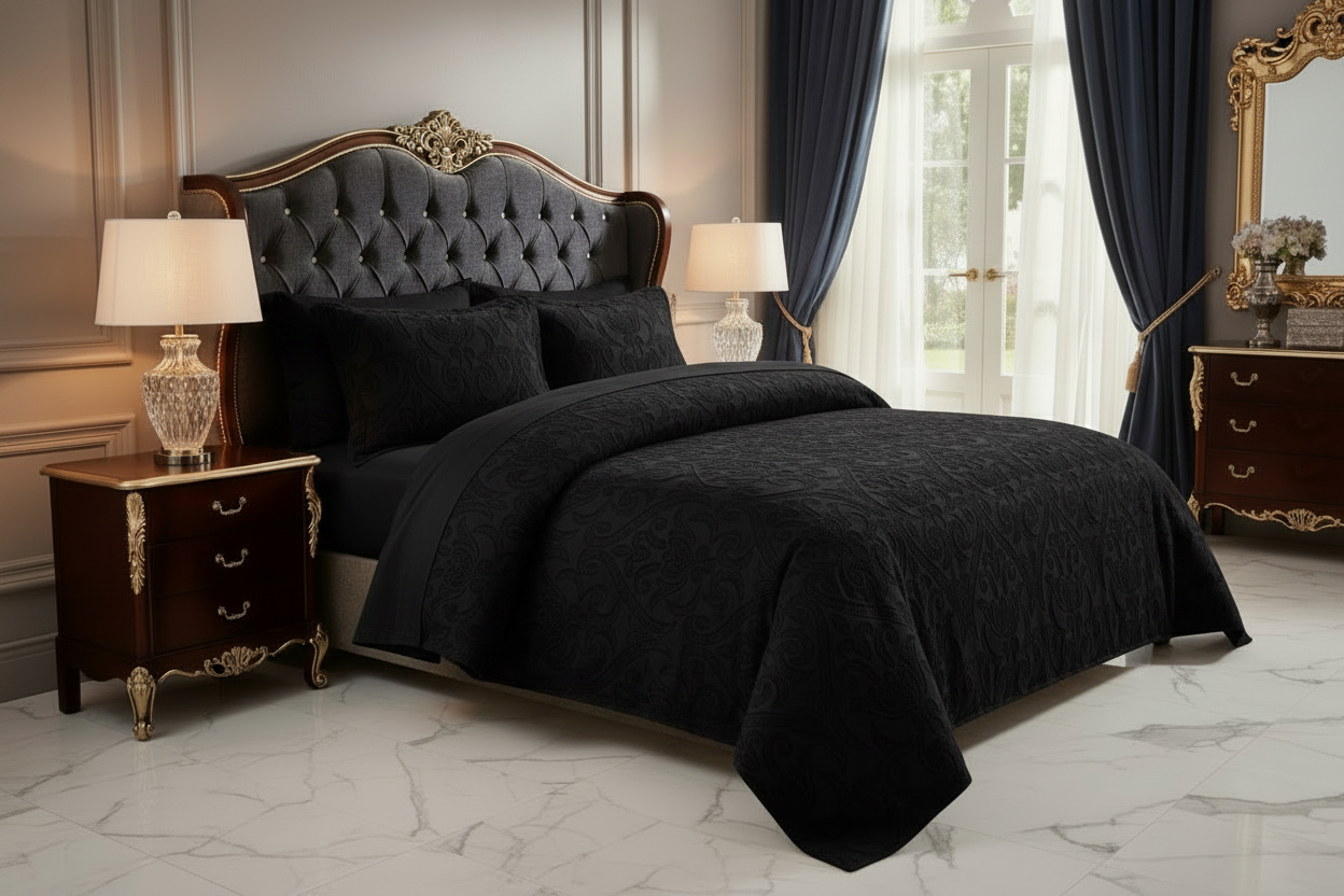 A luxury bedroom scene featuring a bed dressed in a black damask-patterned comforter and matching pillows, set against an ornate dark wood headboard. The room is styled with matching dark wood nightstands, crystal table lamps, and a large gold-framed mirror reflecting in the background.