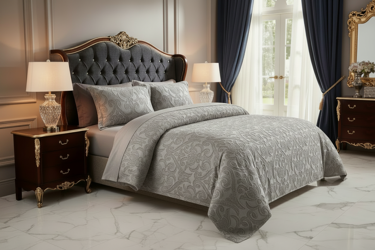 A luxury bedroom scene featuring a bed dressed in a gray damask-patterned comforter and matching pillows, set against an ornate dark gray tufted headboard. The room is styled with matching dark wood nightstands, crystal table lamps, deep navy blue curtains, and a marble floor.