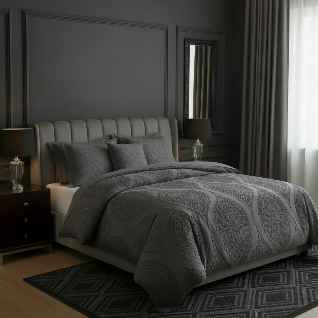 Gray textured comforter on a bed in a bedroom setting with dark walls and curtains.