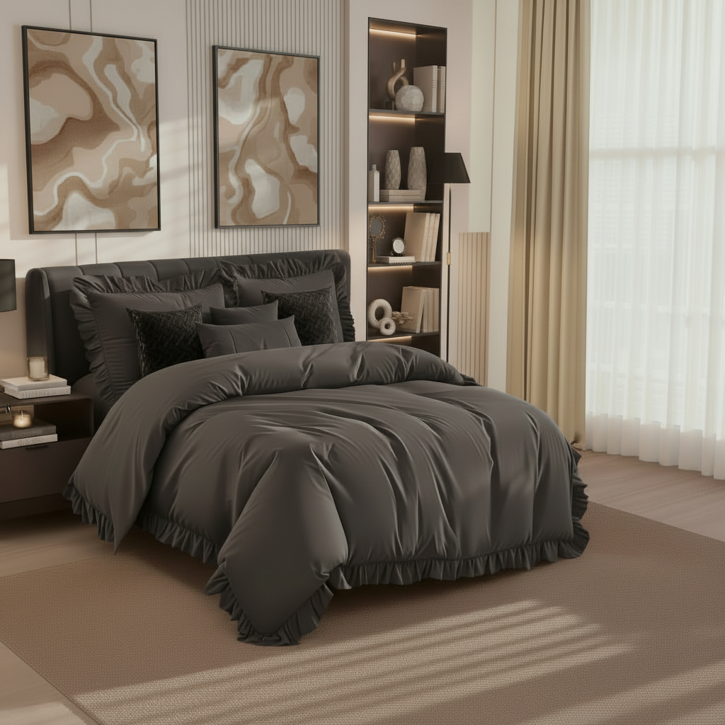 Modern bedroom with gray bedding, nightstands, and wall art.