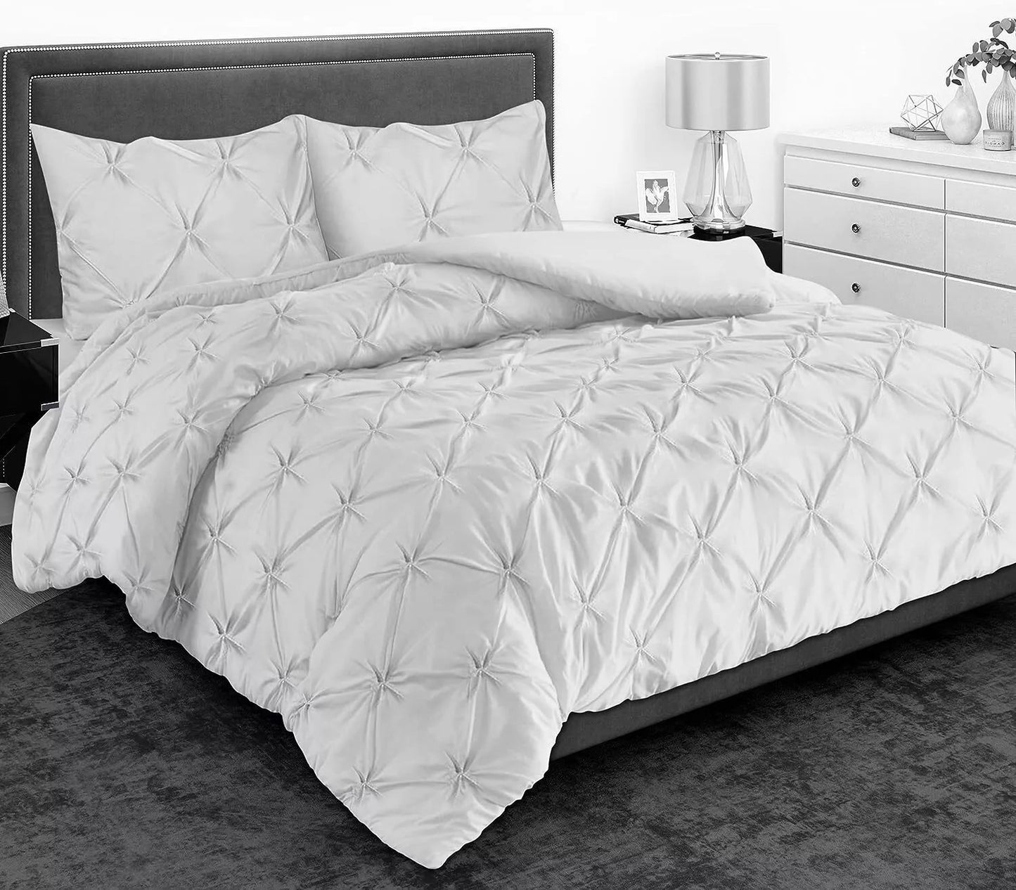 Pintuck Pleated-Four Pieces Complete Bedding Set in Egyptian Polly Cotton Mix, Double and King Sizes, Wrinkle-Resistant, Fitted Sheet, Duvet Cover, Pillow Covers