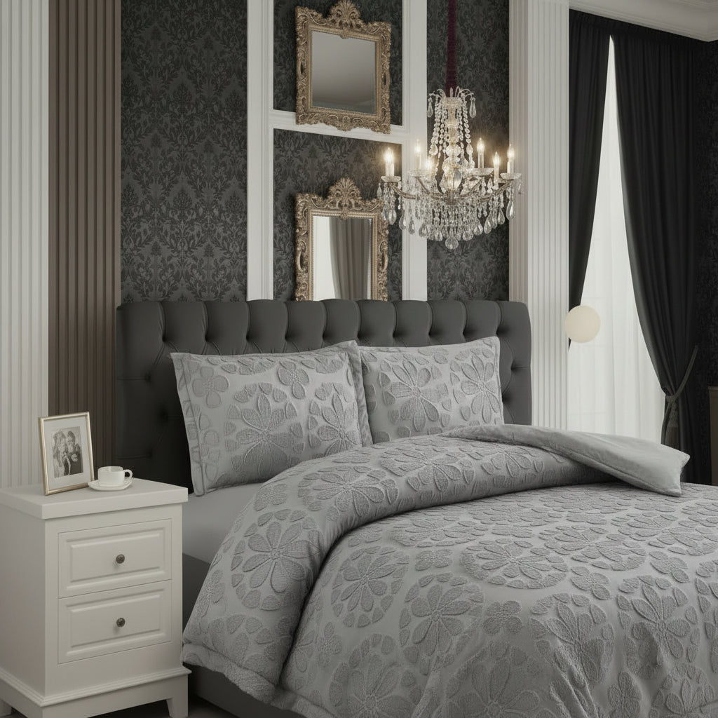 Luxurious bedroom with gray raised floral bedding, nightstand, and chandelier.
