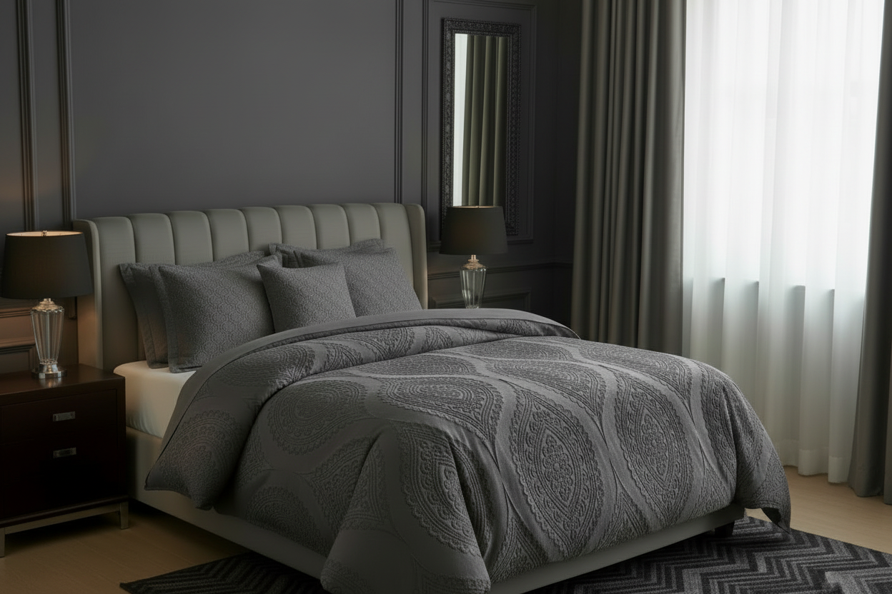 Silver bedroom with a bed featuring a textured comforter and matching pillows.