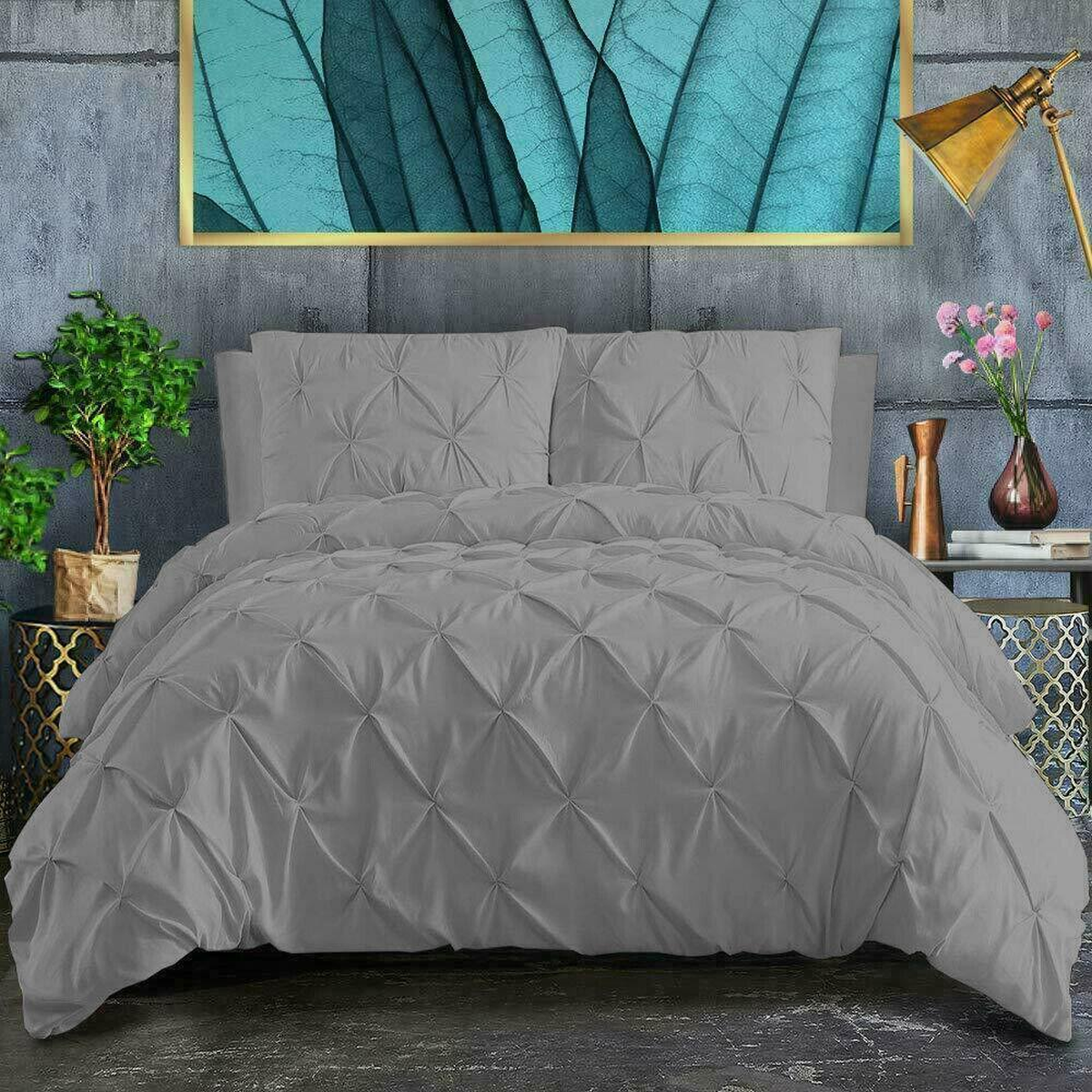 Pintuck Pleated-Four Pieces Complete Bedding Set in Egyptian Polly Cotton Mix, Double and King Sizes, Wrinkle-Resistant, Fitted Sheet, Duvet Cover, Pillow Covers