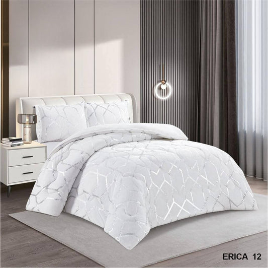 Luxury Four pcs Velvet Complete Bedding Set Duvet Cover Fitted Sheet & Pillowcases Silver Stripes Geometric Design