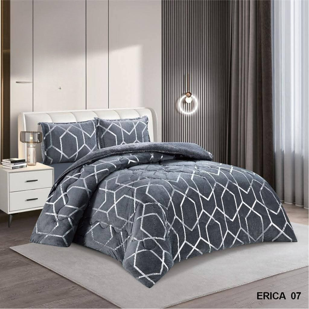 Luxury Four pcs Velvet Complete Bedding Set Duvet Cover Fitted Sheet & Pillowcases Silver Stripes Geometric Design